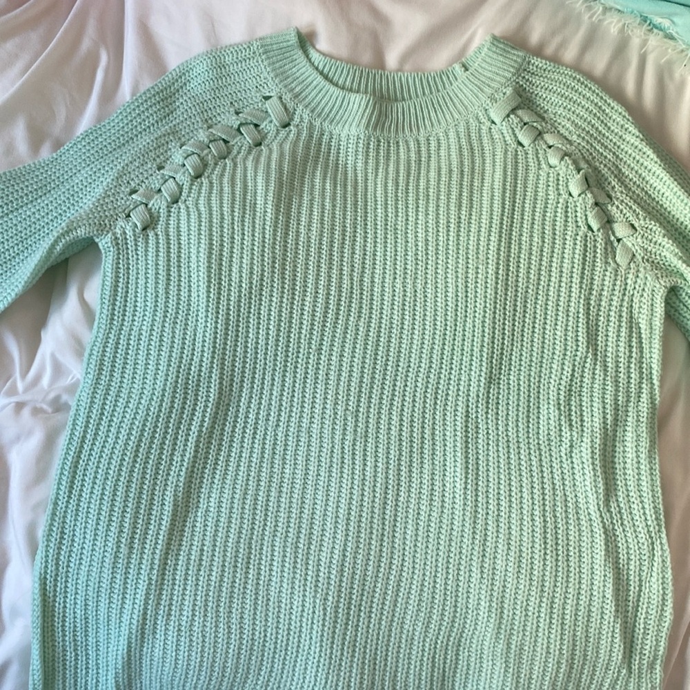 Mint green SO scoop neck sweater with cross embroidery sleeves